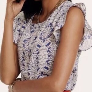 CAbi Demask Blue White Flutter Sleeve darling summer blouse size med